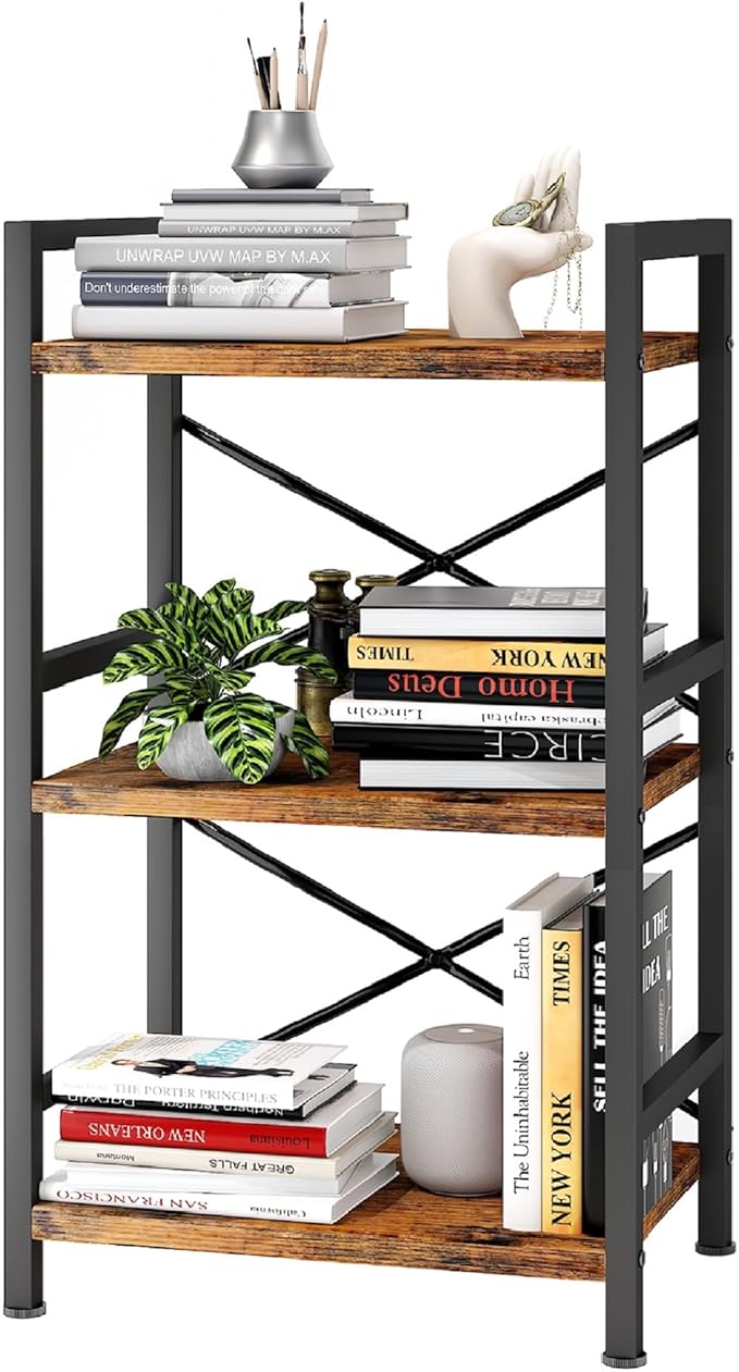 Homeiju Bookshelf, 3 Tier Industrial Bookcase, Metal Small Bookcase, Rustic Etagere Book Shelf Storage Organizer for Living Room, Bedroom, and Home Office(Rustic Brown) Patent Pending D29873033