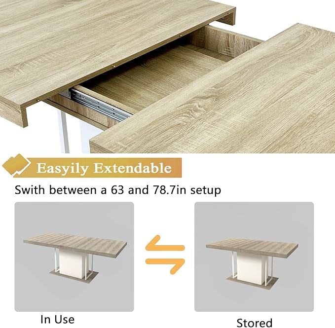 Goujxcy 78.7" Farmhouse Extendable Dining Room Table Set for 8, 9-Piece Rectangle Kitchen Dining Room Table Set with Wood Base and 8 Beige Velvet Dining Chairs, Extending Kitchen & Dining Table Set