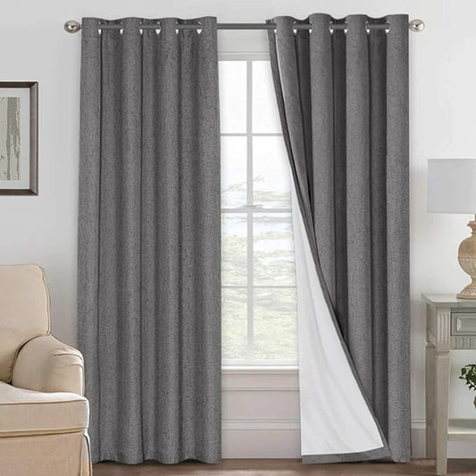H.VERSAILTEX Linen Blackout Curtains 96 Inches Long 100% Absolutely Blackout Thermal Insulated Textured Linen Look Curtain Draperies Anti-Rust Grommet, Energy Saving with White Liner, 2 Panels, Grey