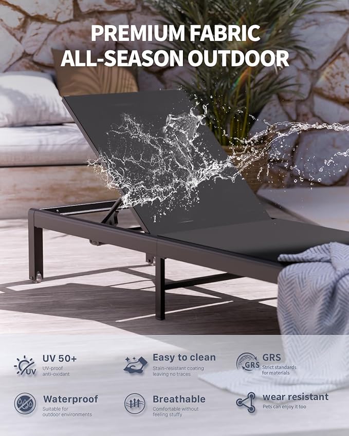 Aluminum Lounge Chairs Outdoor Chaise Furniture,2 Sets Patio Metal Deck Lounger Adjustable 5-Position Poolside Chase Recliner with Wheels for Beach,Coffee Table, (Black, 2 Chairs + Table)