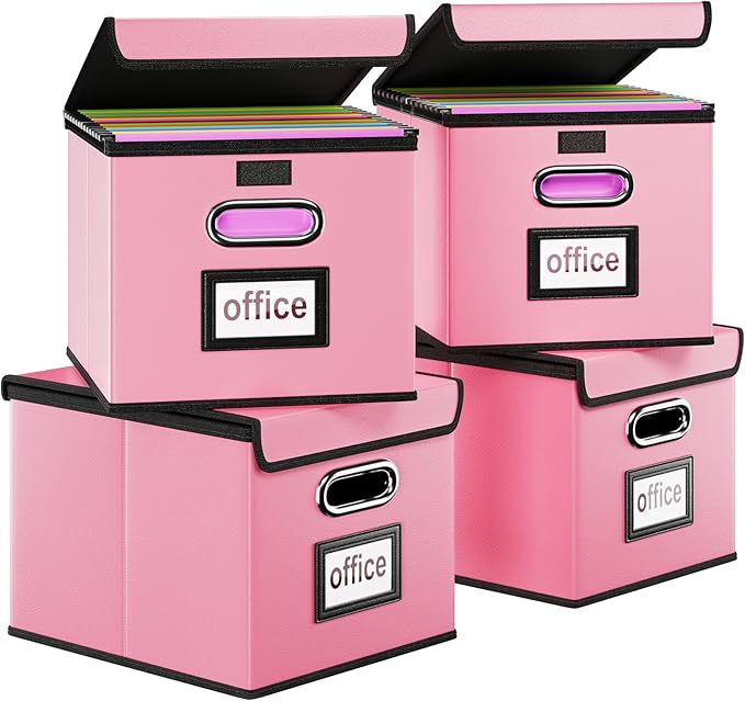 Huolewa Portable Leather File Organizer Boxes with Lids, Office Document Boxes Organizer, Filing Boxes, Decorative Small File Boxes for Hanging Files, File Cabinet for Office/Home - 4 Pack