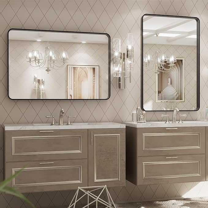 LOAAO 20X30 Inch Black Metal Framed Bathroom Mirror for Wall, Matte Black Bathroom Vanity Mirror Farmhouse, Large Rounded Rectangle Mirror, Anti-Rust, Hangs Horizontally or Vertically