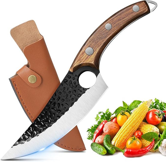 ZENG Butcher Knife Hand Forged Boning Knife with Sheath Viking Style, High Carbon Steel Japanese Chef Knife Meat Cleaver Knife for Kitchen, Camping, Outdoor, BBQ