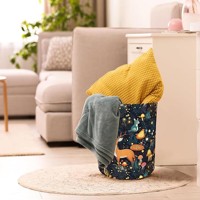 Laundry Hamper, Forest with Mushrooms Deer Laundry Basket,Waterproof Foldable Storage Bin for Bedroom,Clothes Organizer Basket,Toys Box 16x20 Inch