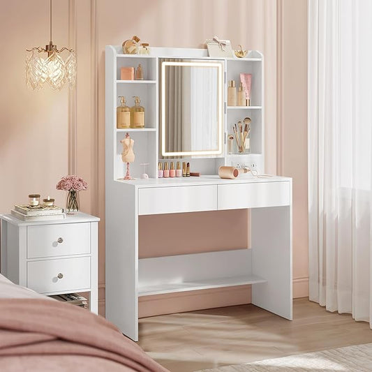 VASAGLE Kailyn Collection - Vanity Desk with Power Outlets, Makeup Vanity with Mirror and Lights, LED Lights, 6 Compartments, 2 Drawers, for Bedroom, Cloud White URDT031WB02S