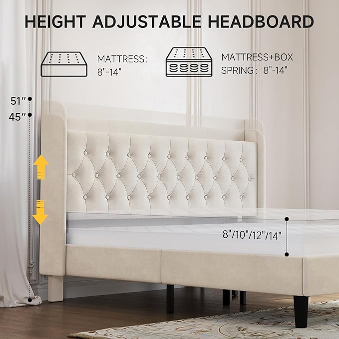 koorlian King Bed Frame, Velvet Adjustable Upholstered Platform Bed Frame with Type-C&USB Ports, Wingback Storage Headboard, Noiseless, Beige