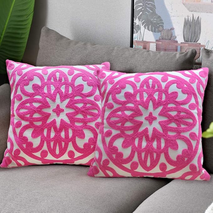 Alysheer Embroidered Decorative Throw Pillow Covers 18"x18" Set of 2 Pieces, Cozy Chic Boho Mandala Knit Pattern, Durable 100% Cotton Canvas Cushion Cases for Sofa Couch Living Room(Vivid Hot Pink)