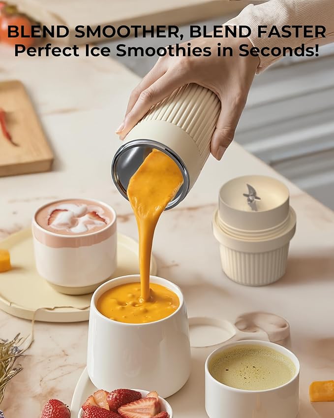 Portable Smoothie Blender, Personal Blender for Smoothies, 7.4V Motor 10 blades, Stainless Steel Cup, USB-C Rechargeable, Easy to Clean, Travel Lid, Keep Cold 24 Hours, Single Serve blender, WHITE