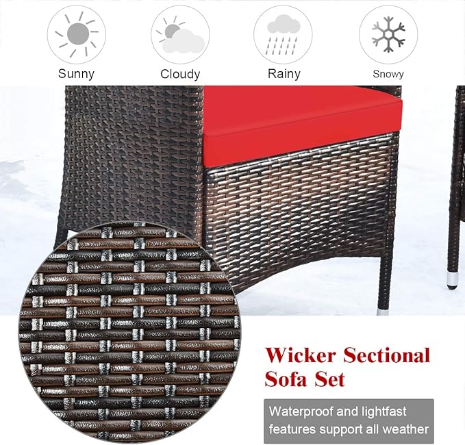 Tangkula 8 PCS Patio Rattan Conversation Set, Outdoor Wicker Furniture Set with Tempered Glass Coffee Table &Thick Cushion, Rattan Chair Wicker Set for Garden, Lawn, Poolside and Backyard (2, Red)