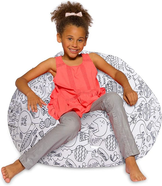 Posh Creations Bean Bag Chair for Kids, Teens, and Adults Includes Removable and Machine Washable Cover, Canvas Coloring Fabric - Fun Creatures, 38in - Large