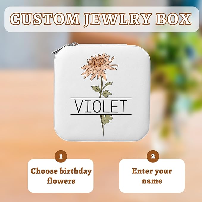 Personalized Travel Jewelry Organizer with Birth Flower and Name, Customized Jewelry Box, Personalized Gifts for Women, Girls, Mother, Wife, Bridesmaid, Custom Gifts for Birthday, Anniversary, Wedding
