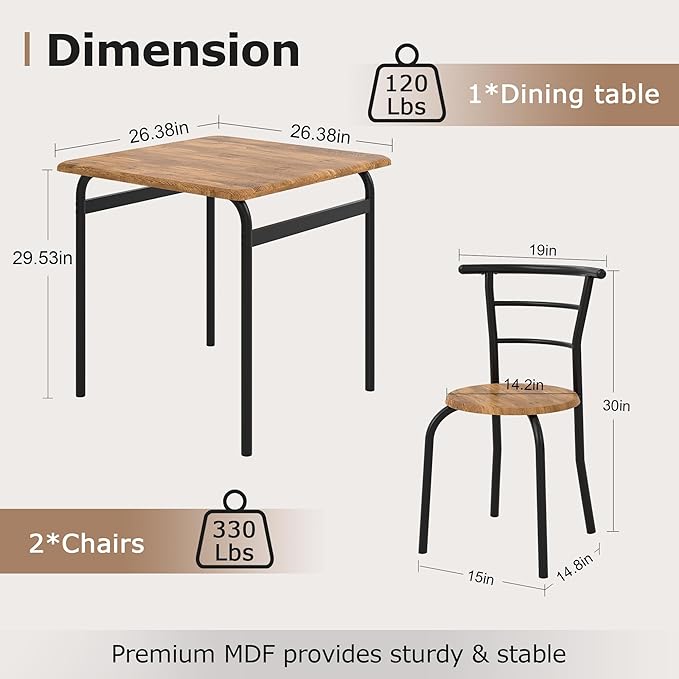 VECELO 3 Piece Dining Table & Chairs Set for 2, Metal and Wooden Square Kitchen Dinette Set for Small Space, Breakfast Nook, Saving Space, Brown