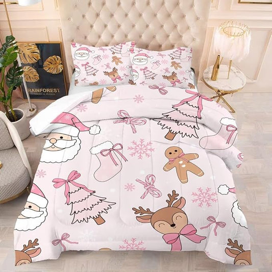 Light-Pink Kids Christmas Comforter Set King Size, Cute Santa Claus Christmas Tree and Reindeer Printed Bedding Set for Girls, Cartoon Xmas Bed Set with 1 Comforter and 2 Pillowcases