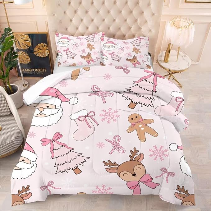 Light-Pink Christmas Comforter Set Full for Girls, Cute Santa Claus Christmas Tree and Reindeer Printed Bedding Set, Cartoon Xmas Bed Set with 1 Comforter and 2 Pillowcases
