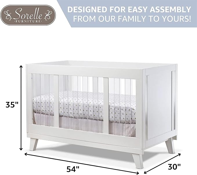 Sorelle Furniture Uptown Panel Crib, Modern Wood and Clear Acrylic Baby Crib, Made of Wood and Easy to Clean Acrylic, Non-Toxic Finish, Contemporary Baby Bed-White