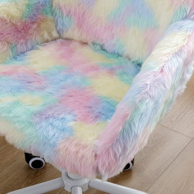 DUOMAY Kids Desk Chair, Faux Fur Colorful Upholstered Computer Chair for Boys and Girls, Cute Study Swivel Height Adjustable Arm Chair for Child, Rainbow Color