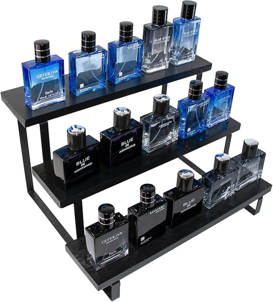 Wooden Cologne Organizer Stand Display Riser Stand Tiered Perfume 3 Tier Organizer Rustic Display Shelf for Cupcake Candle Fragrance Crystal Stone Succulent plant Small ornament