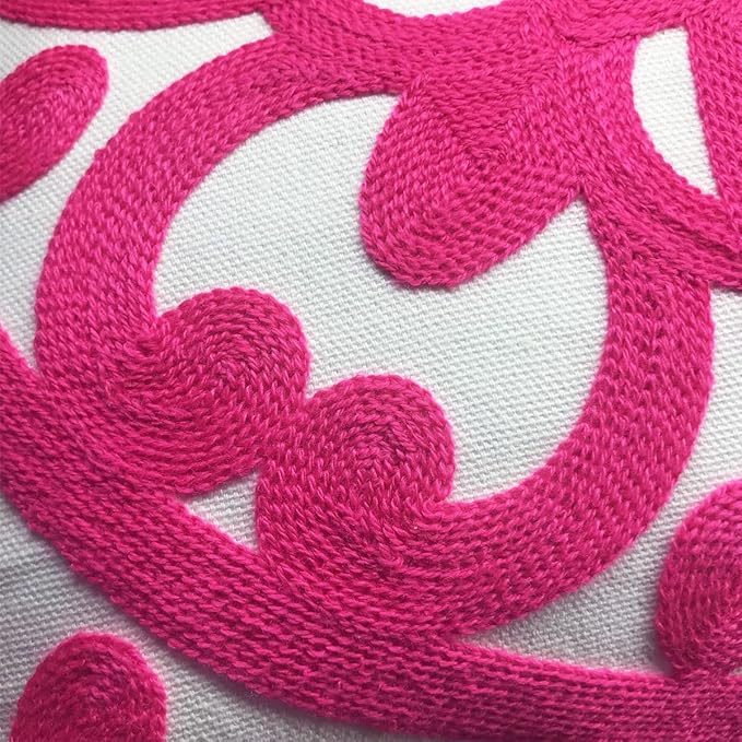 Alysheer Embroidered Decorative Throw Pillow Cover 18x18 inches, Classic Boho Mandala Knit Pattern, Farmhouse Cottage Cotton Canvas Cushion Case for Sofa Couch Bed Living Room Decor(Bright Hot Pink)