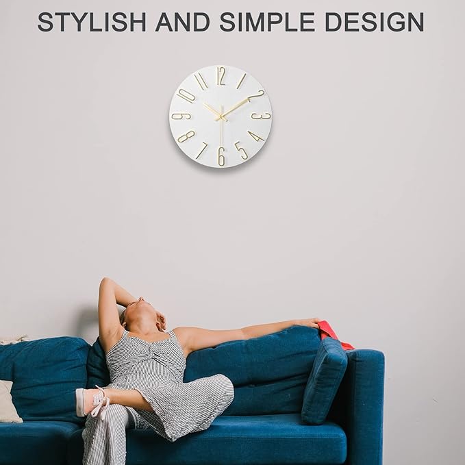 Faupugh Wall Clock Battery Powered 12 inch Silent Wall Clock, Exquisite Modern Style Decorative Clock, Suitable for Home, Office, School, Kitchen, Bedroom, Living Room (White)