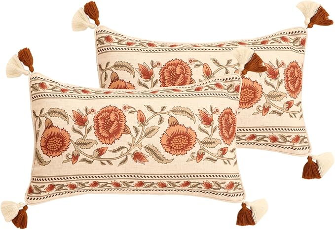 Design Linen Rectangle Vintage Throw Pillow Covers 12"x20" Pack of 2, Brick Red Cushion Covers with Orange Floral Green Leaves Pattern Decor Pillowcases for Bed,Living Room,Outdoor,Car