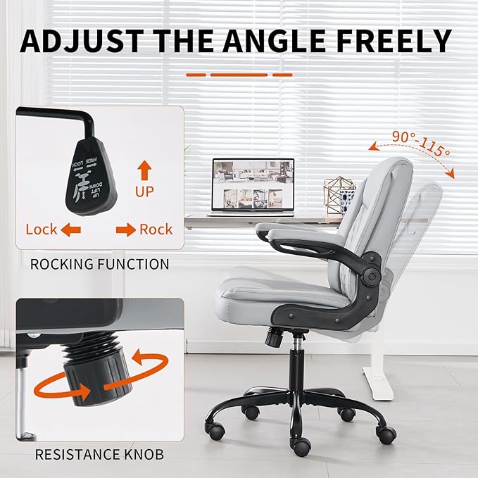 Office Chair, Executive Leather Home Office Desk Chair - Ergonomic Computer Chair with Back & Lumbar Support, 360°Swivel, Adjustable Flip-Up Armrests, Rocking Function Gray