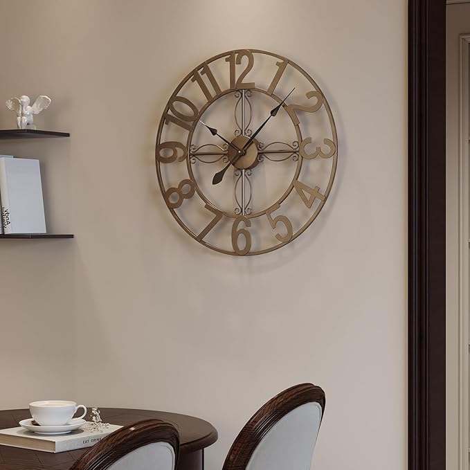 24 inch Wall Clock, Large Wall Clocks for Living Room, Decorative Metal Round Clock Battery-Operated Silent Non Ticking Retro Rustic Arabic Numerals Analog, Bronze