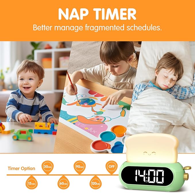 Kids Alarm Clocks for Bedroom, Cute Digital Clock with Night Light, 10 Ringtones, 10 Volumes, Nap Timer, Brightness Dimmer, Snooze, Bedside Alarm Clocks for Boys Girls Teens Birthday Gift, Plug-in Use
