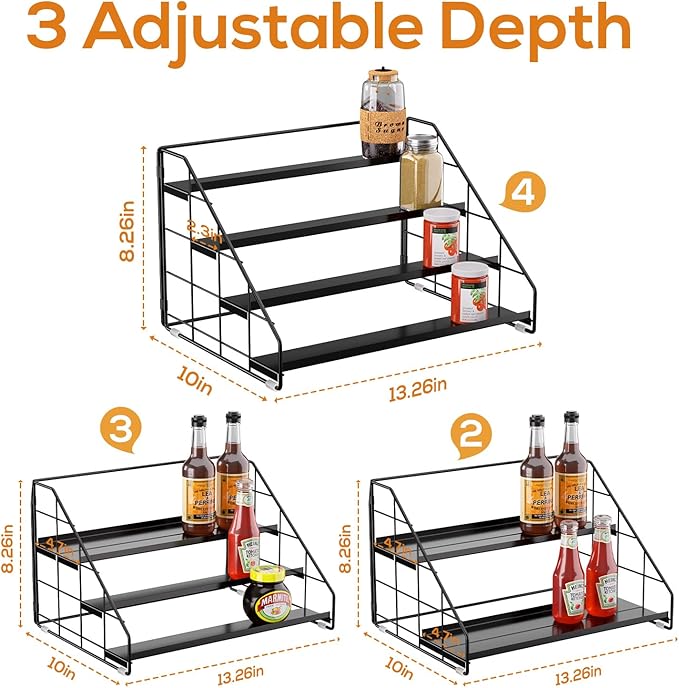 4 Tiered Spice Rack Organizer, 2 Pack Spice Rack Organizer for Cabinet, Tiered Adjustable Spice Shelf for Kitchen Countertop Pantry Organization (Carbon Black)