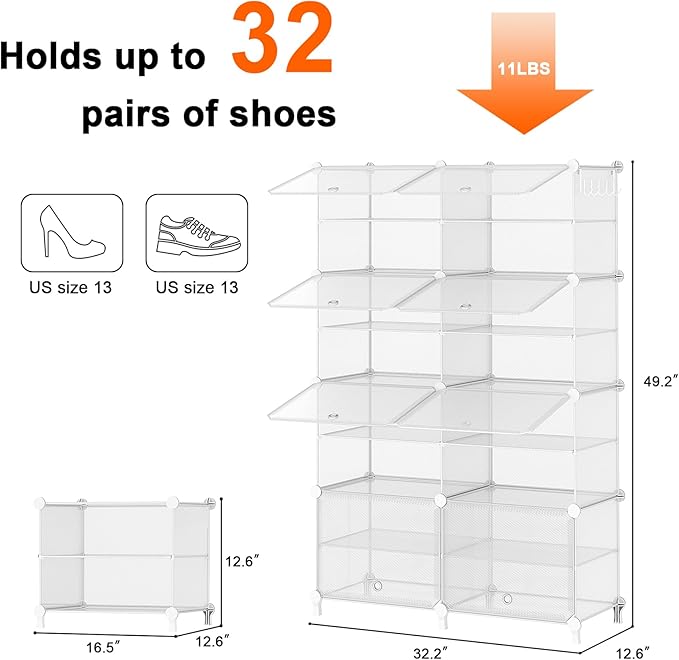 AWTATOS Shoe Rack, 8 Tier Shoe Storage Cabinet with Door, 32 Pair Shoe Organizer Shelves for Closet Hallway Bedroom Entryway, Transparent Twill