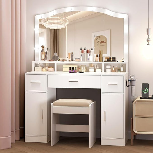 White Makeup Vanity Desk with LED Lights and Stool, Complete Dressing Table with 3 Drawers, 2 Cabinets & Long Shelf, Storage Organizer for Bedroom, Women and Girls