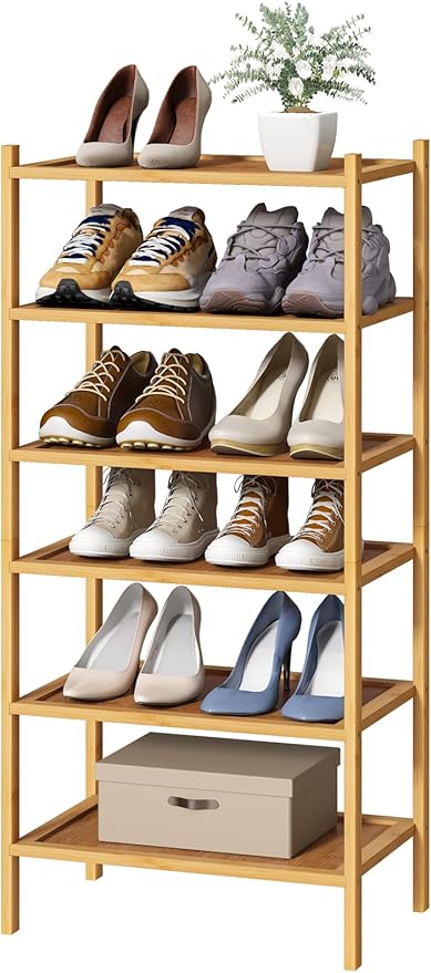 6-Tier Small Bamboo Shoe Rack for Entryway, Stackable | Foldable | Natural, Shoe Organizer for Hallway Closet, Free Standing Shoe Racks for Indoor Outdoor
