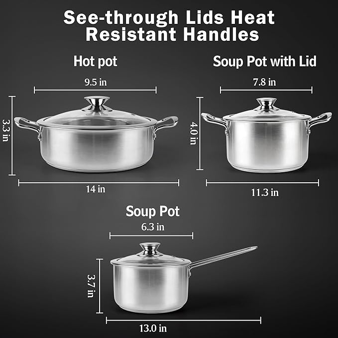 Stainless Steel Pots and Pans Set, 6 Piece Kitchen Induction Cookware Sets with Glass Lids, Works with Induction, Electric and Gas Cooktops, Non Toxic, Oven & Dishwasher Safe
