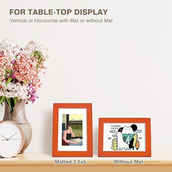 KINLINK 4x6 Picture Frames Orange, Solid Wood Frames with Acrylic Plexiglass for 3.5x5 with Mat or 4x6 without Mat, Tabletop and Wall Display Photo Frame, Set of 4