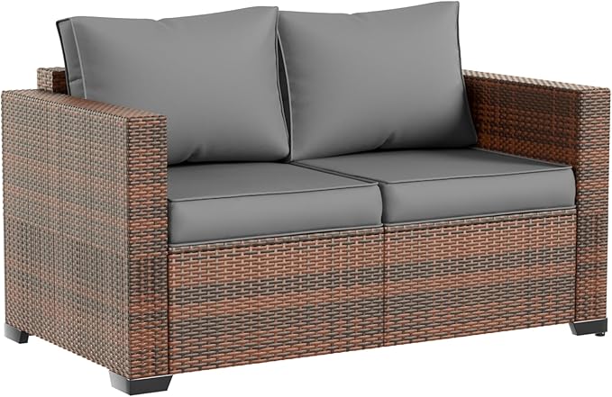 Amopatio Patio Loveseat, Outdoor Furniture 2-Seat Wicker Porch Furniture Outdoor Couch Sofa with Water-Resistant Cover & Non-Slip Cushions, Premium Patio Set, Gray