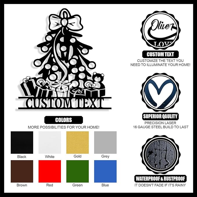 Personalized Christmas Tree Metal Sign, Custom Signs Outdoor Metal Wall Decor, Merry Christmas Tree Signs Wall Decoration for Home Living Room, Bedroom, Office, Garden, Porch