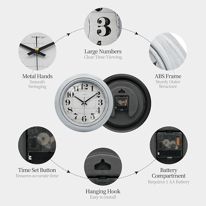 TAHEAT Wall Clock, 10 Inch Vintage Retro Blue Silent Non Ticking Battery Operated Wall Clocks Decorative for Living Room Bedroom Kitchen Bathroom Office