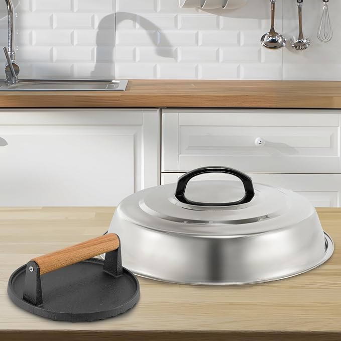 BBQ Accessories 12 Inch Round Stainless Steel Basting Cover - Cheese Melting Dome Round Cast Iron Grill Press Kit for Hamburger Bacon Steak, Best fits for Blackstone Camp Chef Flat Top Griddle Grill