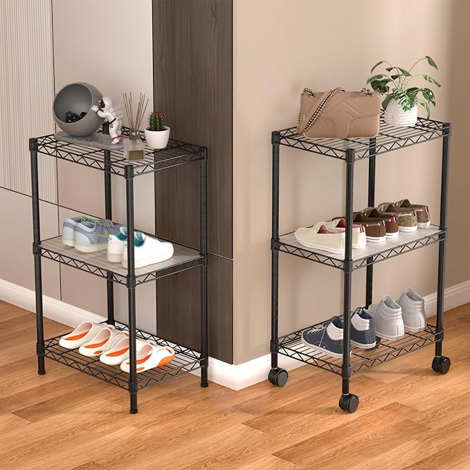 Small 3 Tier Shelves Storage Wire Shelving Unit Metal Shelf Adjustable Organizers Storage Shelving with Wheels for Bathroom Laundry Room Kitchen Pantry12”D x 18”W x 30.7”H Black