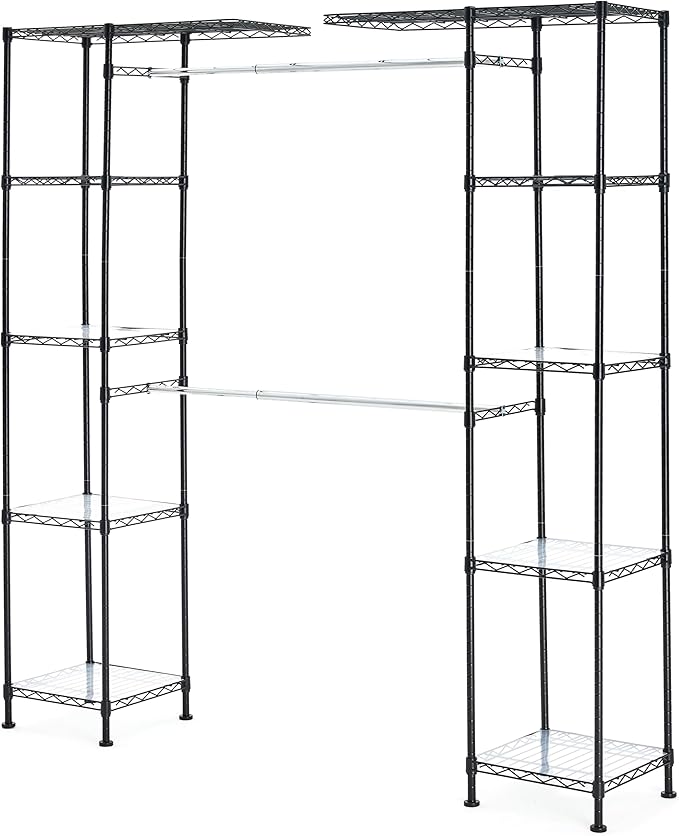 Amazon Basics Adjustable Expandable Metal Hanging Closet Storage Organizer Rack with Shelves, 57-80''L x 14''W x 72''H, Black