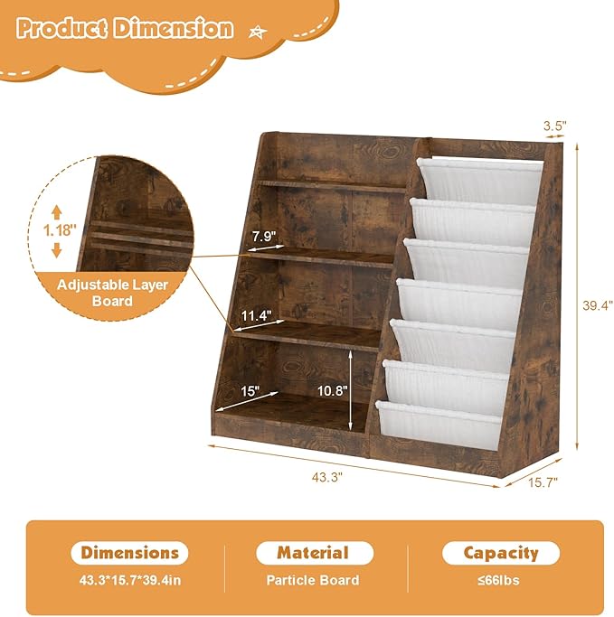 Kids Bookshelf for Bedroom Toddler Child Baby Bookcase 4-Tier for Nursery Book Toy Storage Organizer 6 Sling Adjustable Display Shelf Stand Book Rack Wood Classroom Playroom Rustic Brown