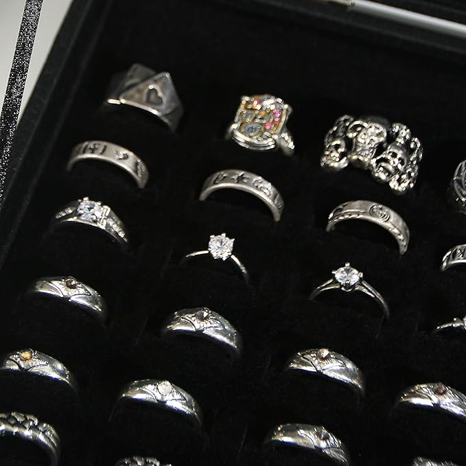 Coward Ring Organizer Jewelry Box, Black Velvet 100 Slots Ring Display Tray Case with Transparent Glass Lid for Home Use or Store Selling Show