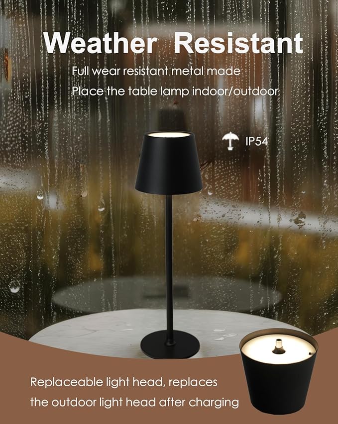 Cordless Table Lamp, Rechargeable Table Lamp with Touch Dimmable Control, Portable LED Desk Lamp for Indoor Patio (Black-Round, 2)