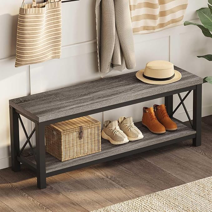 BON AUGURE Entryway Bench, Wood Metal Shoe Rack Bench for Indoor, Industrial Storage Benches for Bedroom, Mudroom, Foyer (47 inch Wide, Dark Grey Oak)