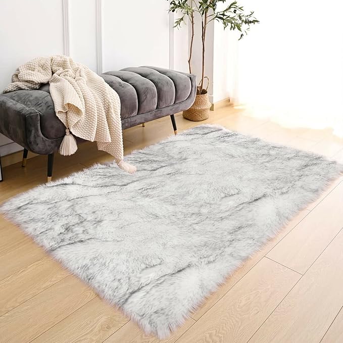 Latepis White with Grey Tips Sheepskin Rugs 4x6, Faux Fur Rug for Living Room, Fluffy Washable Rugs for Bedroom, Teen Room Decor, Rectangle