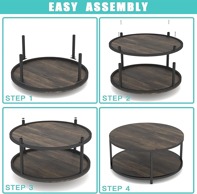 NSdirect 36 inches Round Coffee Table, Rustic Wooden Surface Top & Sturdy Metal Legs Industrial Sofa Table for Living Room Modern Design Home Furniture with Storage Open Shelf(Rustic Brown)