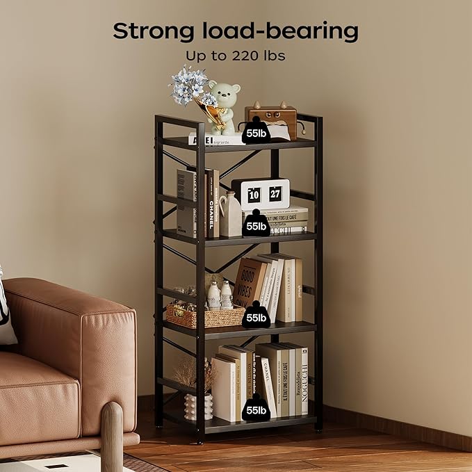 Homeiju Black Bookshelf, 4 Tier Small Bookcase, Black Metal Small Bookcase, Book Shelf Organization and Storage for Living Room, Bedroom, and Home Office