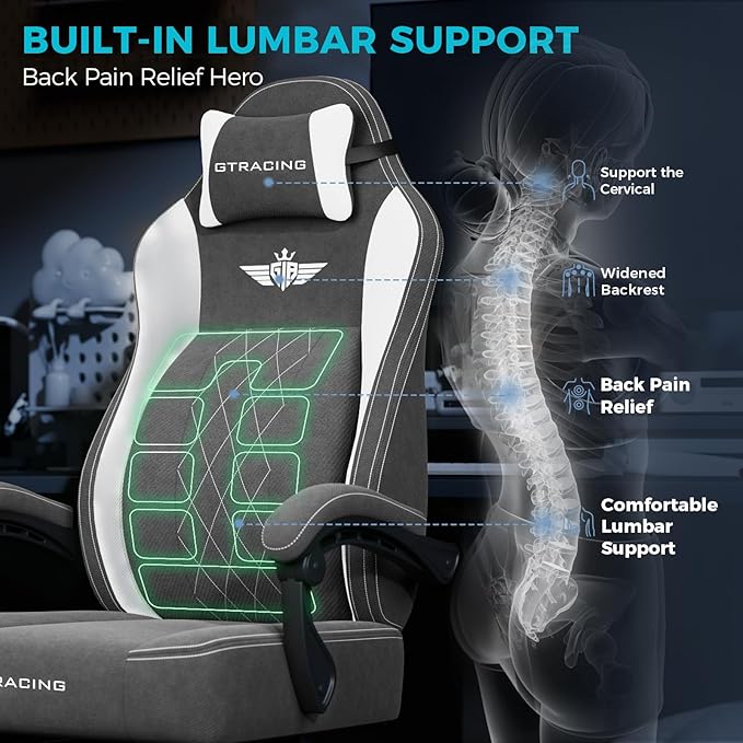 GTPLAYER Big and Tall Gaming Chair Breathable Fabric Computer Chair with Strong Lumbar Support, Comfortable Office Chairs with Pocket Spring Cushion, High Back Ergonomic Desk Chairs with Footrest