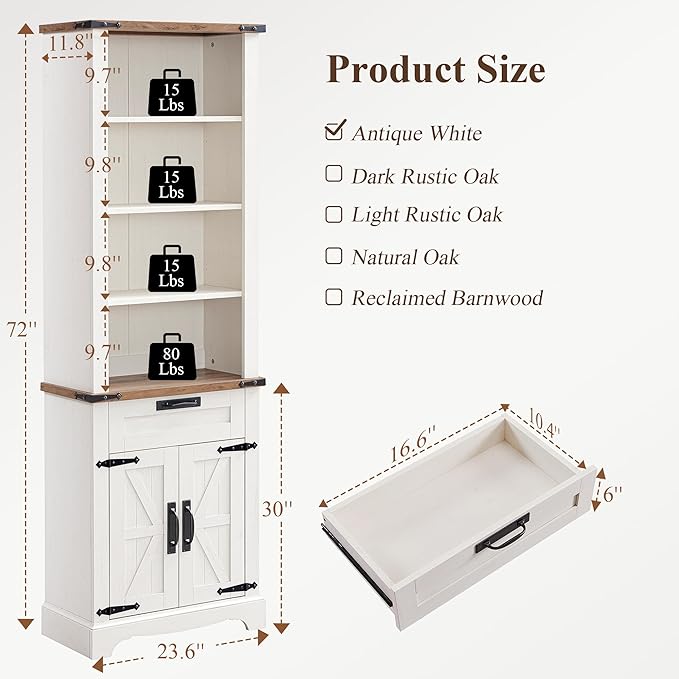 RedLemon Bookshelf with Storage Cabinet, 72" Tall Farmhouse Bookcase with Adjustable Shelves and Barn Door, 4 Tier Office Wood Bookshelf with Drawer for Office Library Living Room (Antuique White)