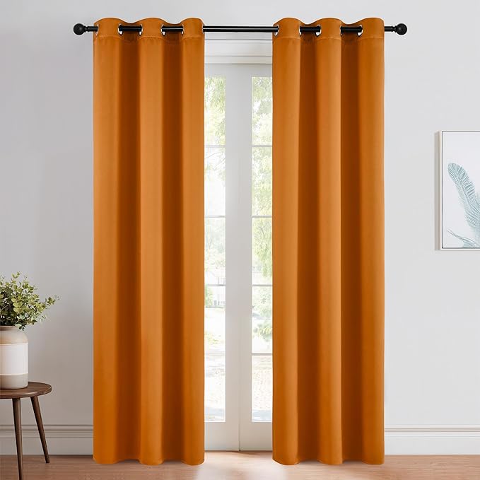 NICETOWN Room Darkening Cafe Satin Curtains for Small Windows, 42" Wide by 84" Long, 2 Panels, Orange, Grommet Privacy Faux Silk Blackout Drapes for Bedroom