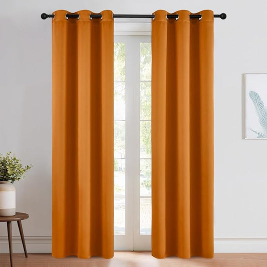 NICETOWN Room Darkening Cafe Satin Curtains for Small Windows, 42" Wide by 84" Long, 2 Panels, Orange, Grommet Privacy Faux Silk Blackout Drapes for Bedroom
